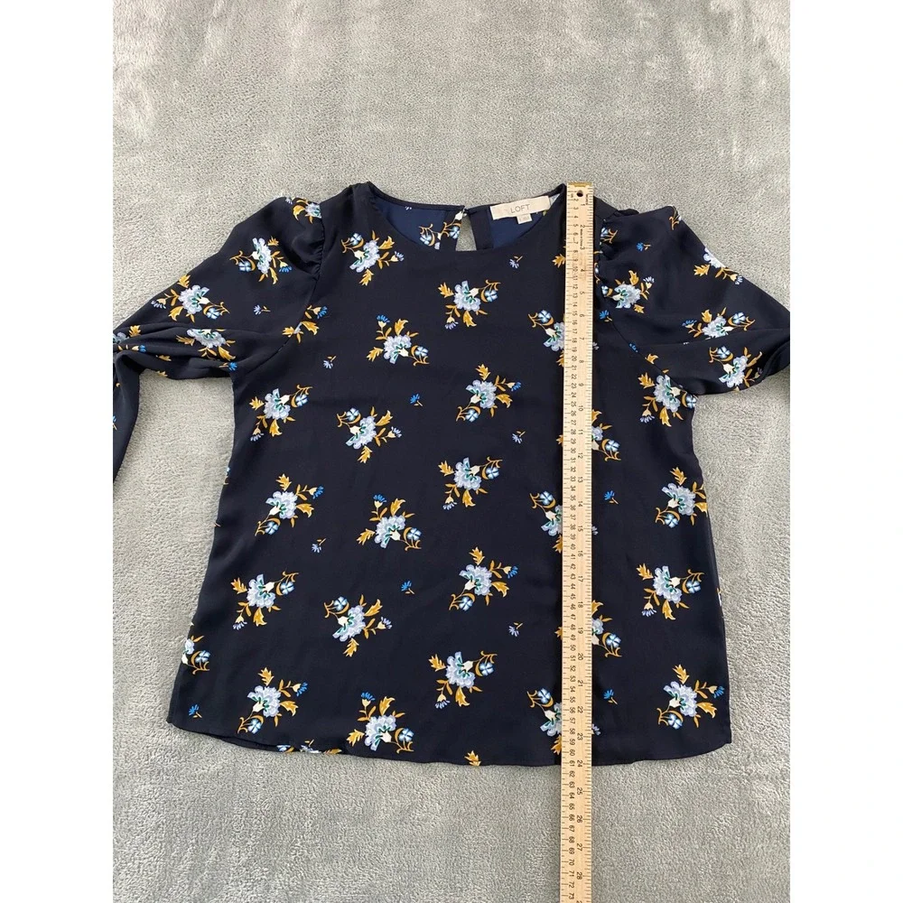 Loft Womens Navy Blue Floral Puff Sleeve Keyhole Back Blouse Top Size S